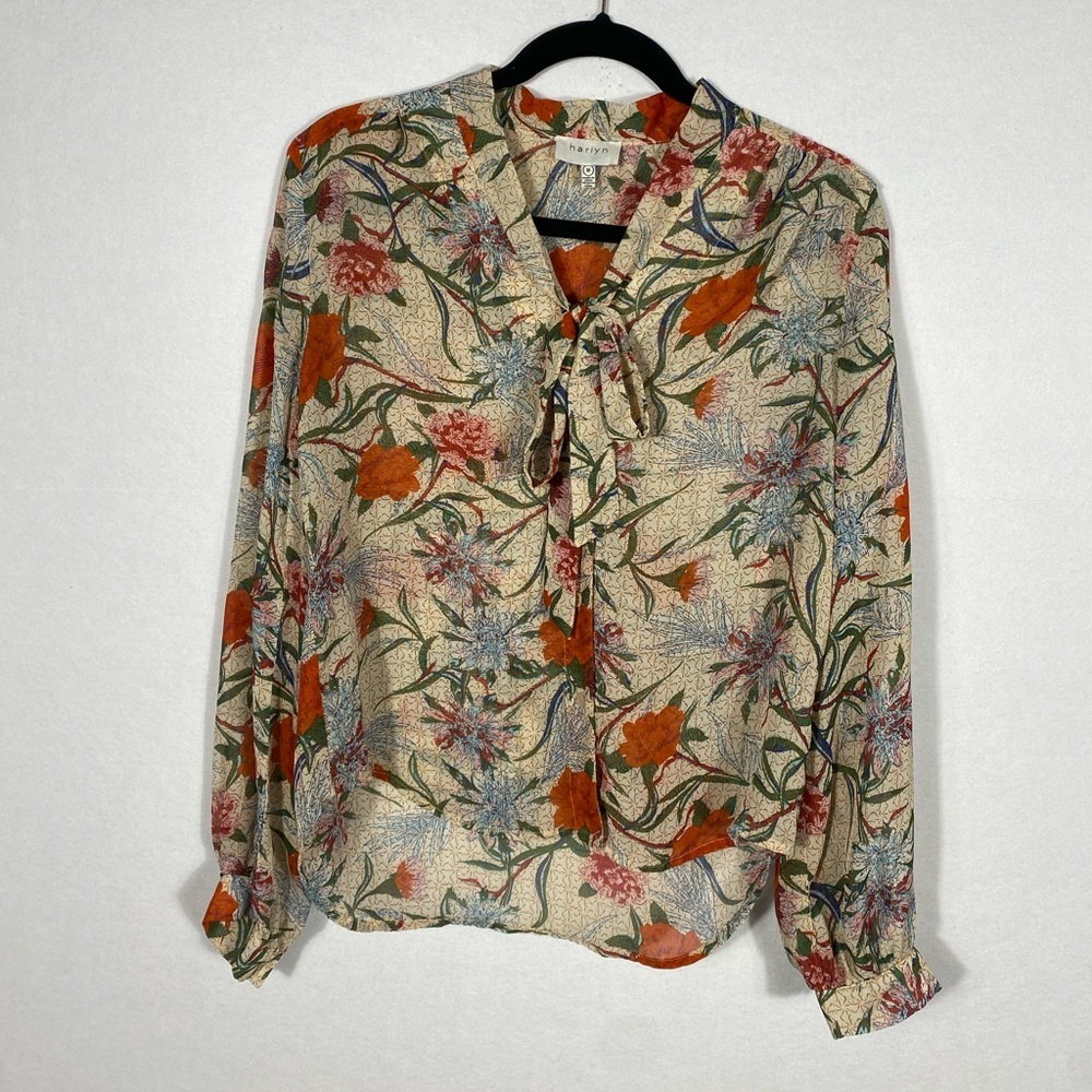 Harlyn Floral Print Button Down Blouse Tie Neck Sheer size medium